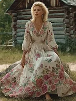 Bohemian Style Floral Butterfly Pattern Women's V-neck Dress