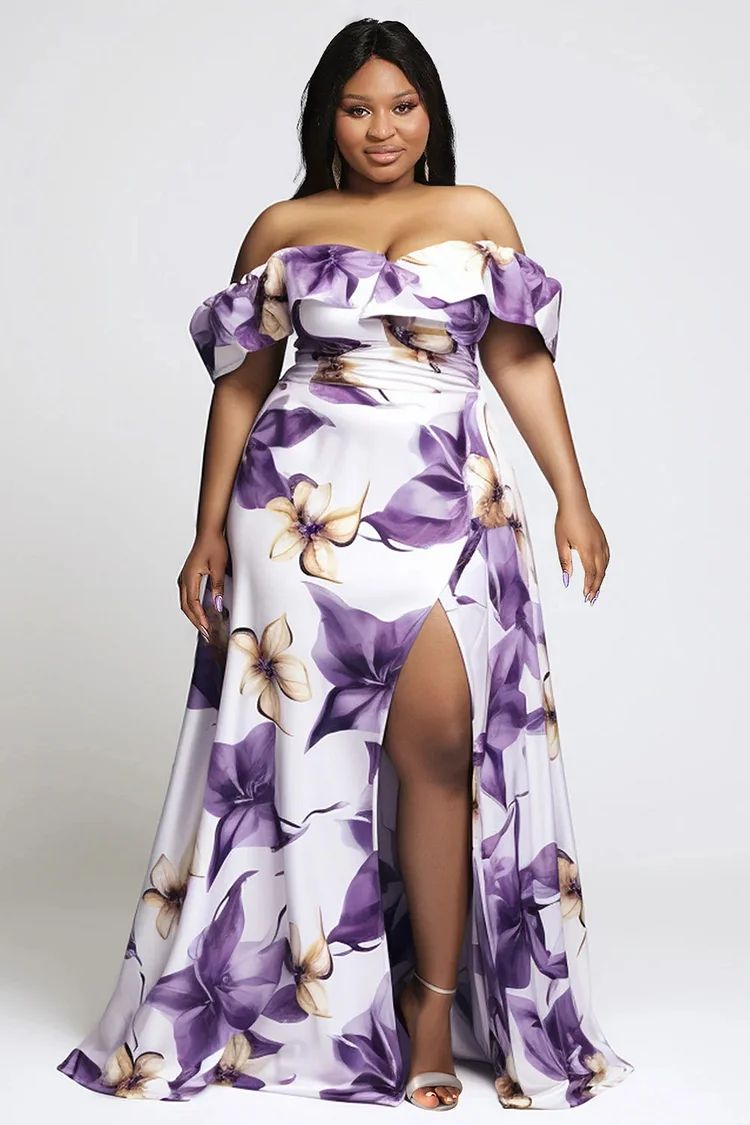 Xpluswear Design Plus Size Formal Purple Elegant Floral Off The Shoulder Split Ruffle Maxi Dresses [Pre-Order] 2024 - Xpluswear