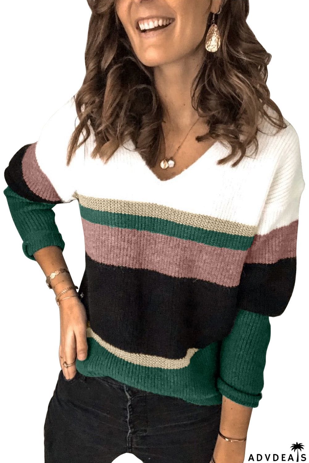 Khaki Colorblock V Neck Ribbed Knitted Sweater