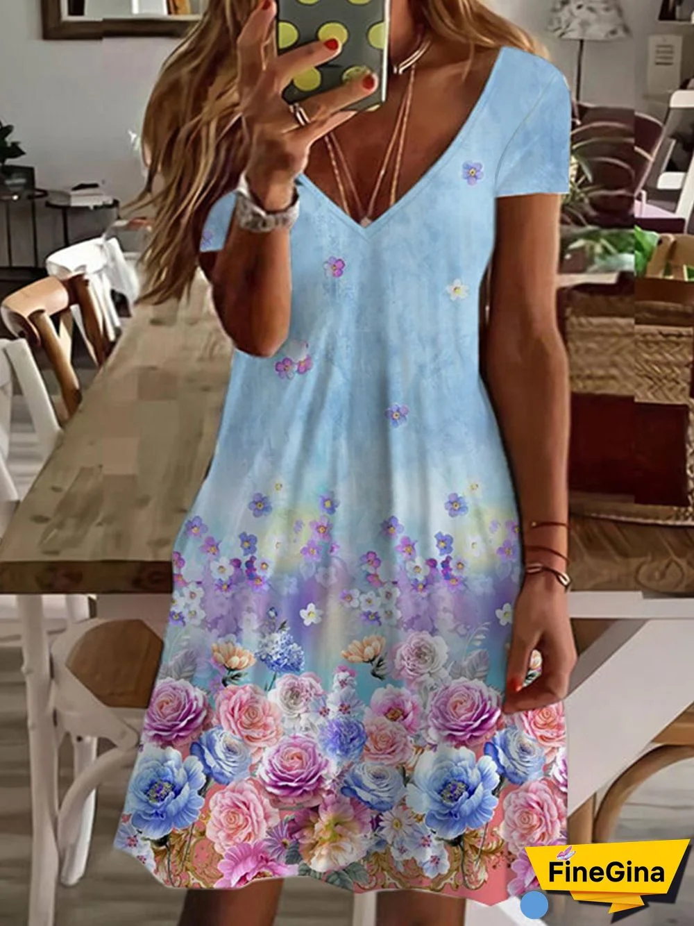 Ombre Floral Printed Romantic Loosen Cotton Blends V Neck Midi Dresses