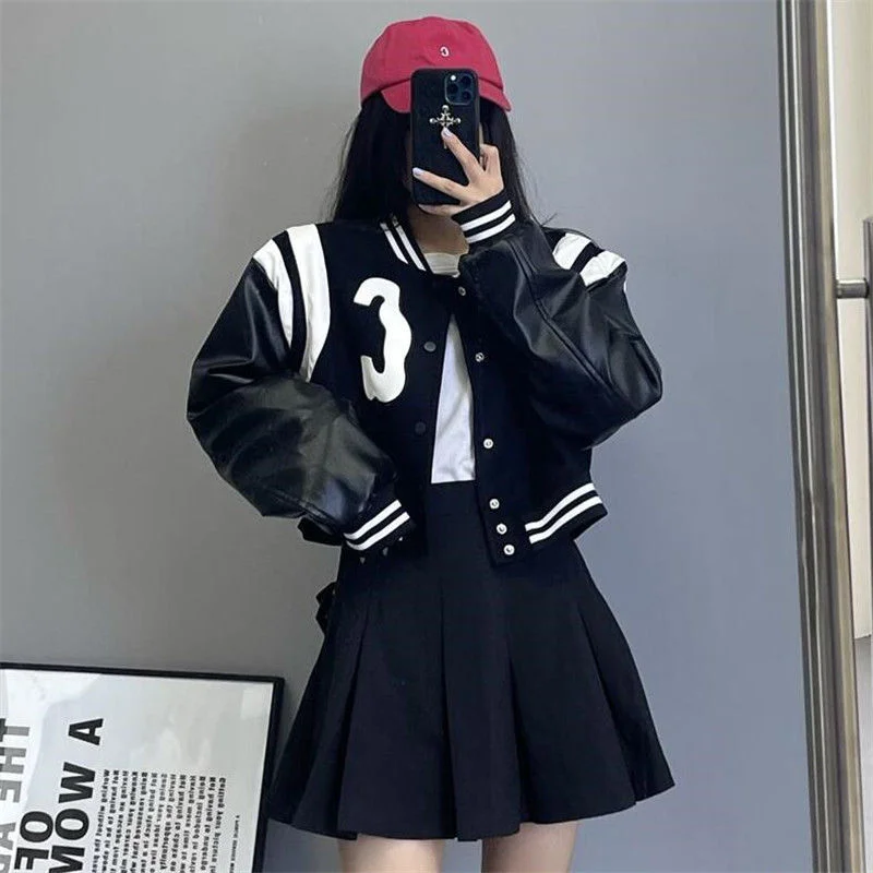 Huibahe Gothic Cropped Baseball Jackets Women Black Fashion Streetwear Vintage Aesthetic Bomber Jacket Autumn 2023 Trend Coat