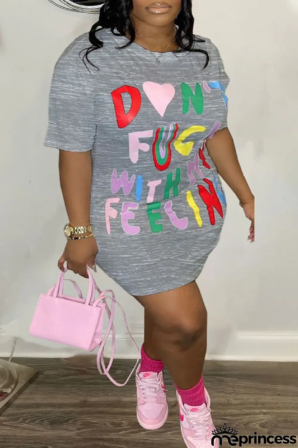 Grey Casual Print Patchwork O Neck Straight Plus Size Dresses