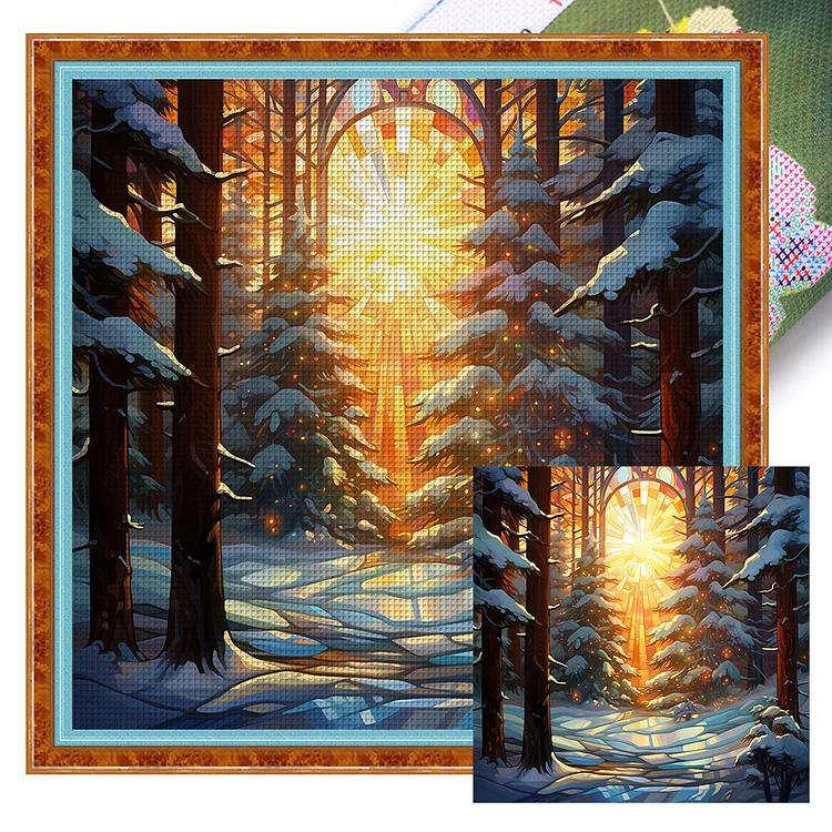 【Huacan Brand】Glass Art - Forest In The Snow 11CT Stamped Cross Stitch 40*40CM