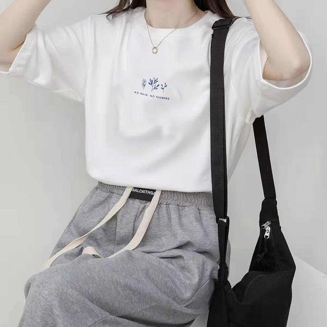 Uveng Uveng Sleeve Korean Round Collar T-Shirt Female 2024 Summer Loose Plant Print Casual Solid Color Student Half Sleeve Top Tide