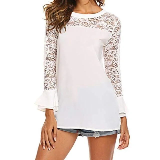 Women White Lace Chiffon Blouse Casual Tops Ruffles Blouses Shirts | EGEMISS