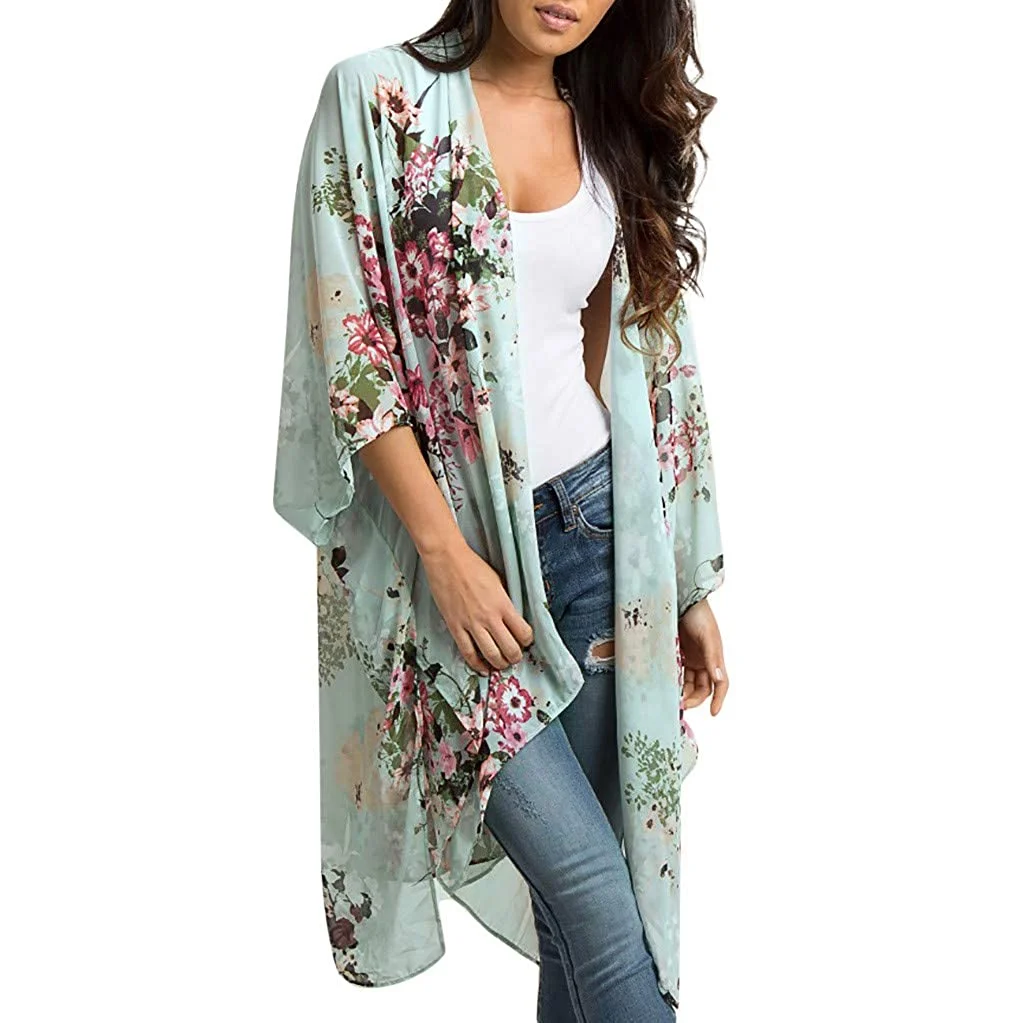 Women Cardigan Floral Print Chiffon Shawl Kimono Top Loose Plus Size Shirt Coat Bohemia Long Shirt Blouse