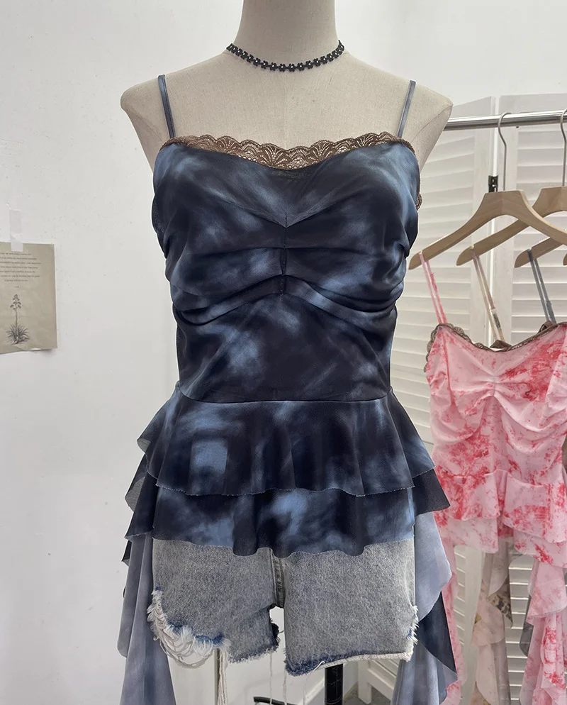 Uveng Real Shooting Atmosphere Feels A Mesh Yarn-Print Sling Vest Irregular Ribbon Splicing Lace Sleeveless Top 9968