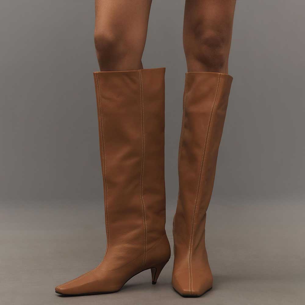 Brown Pull-On Square Toe Tall Boots for Women with Cone Heel Nicepairs