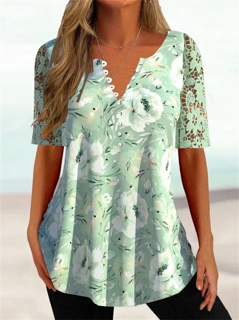 V-neck Three-quarter Sleeve Printed Button Waist T-shirt