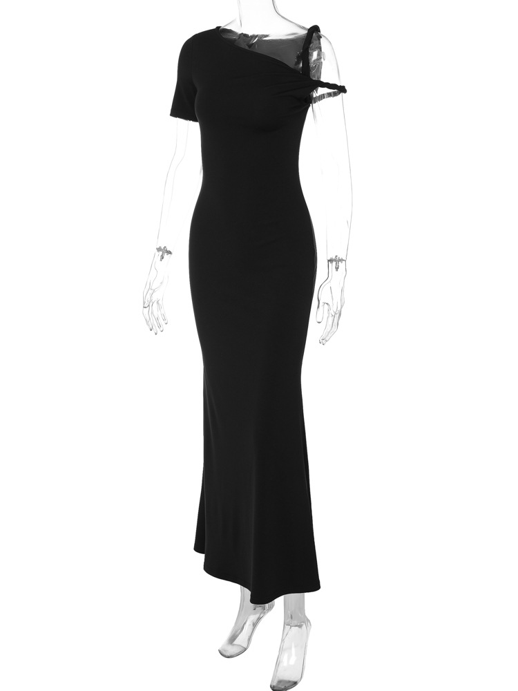 Ootddress Fashion Slim Maxi Dress For Women Diagonal Collar Sleeveless Banquet Long Dress Elegant Solid Color High Waist Summer 2025