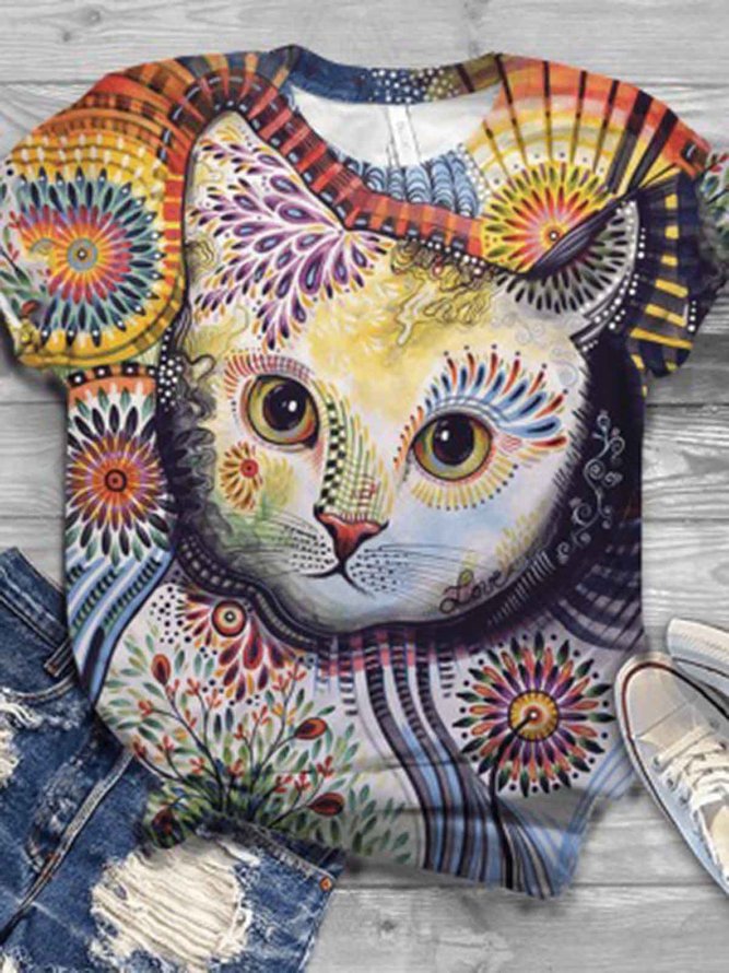 Multicolor Floral-Print Animal Cotton-Blend Sweet Shirts & Tops Zaesvini