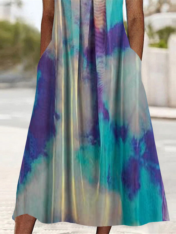 Women's Short Sleeve Scoop Neck Graphic Printed Midi Dress