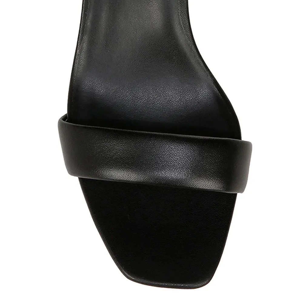 Vegan Leather Ankle Strap Rhinestone Decor Black Heels Sandals