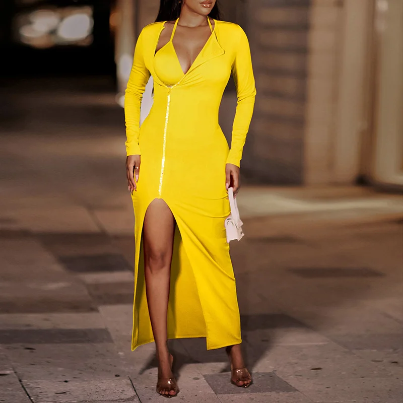 Brownm Brownm Women's Wear Temperament Fashion Pure Color Sexy Slim Slit Long Sleeve Winter Dress