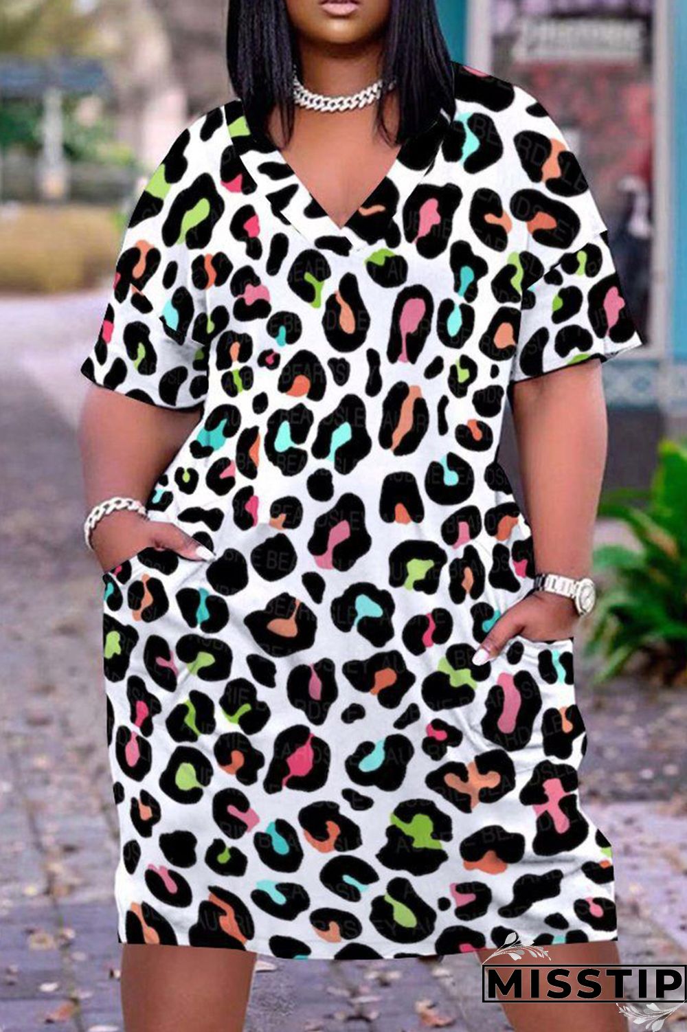 White Fashion Casual Print Leopard Basic V Neck Short Sleeve Dress
