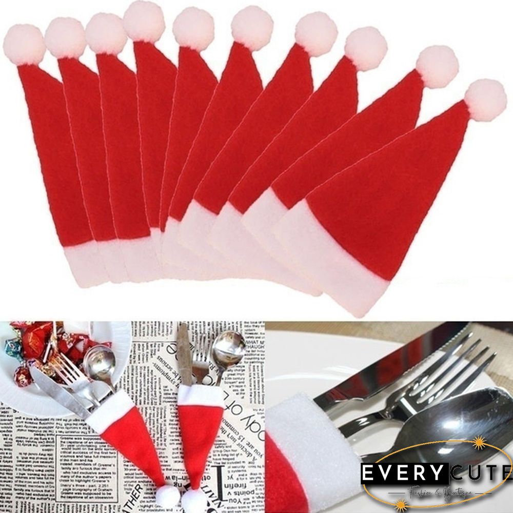 10Pcs/Set Mini Christmas Decoration Santa Hats Knife Fork Silverware Holders For Lollipop Xmas Party Dinner Organizers Decorations Supplies