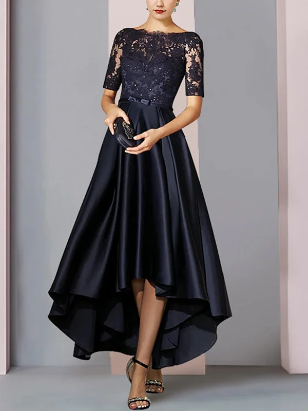 Asymmetrical Satin Lace Short Sleeves Midi Dress