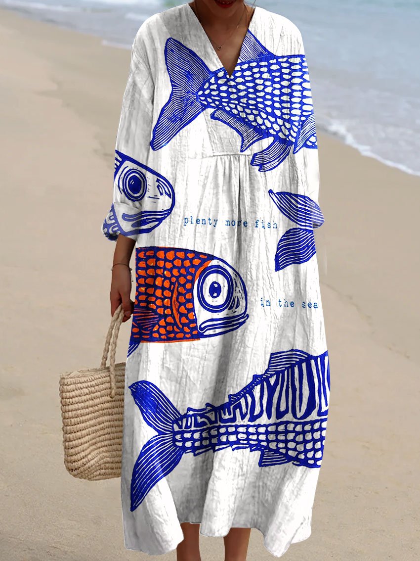 Women's Plenty More Fish In The Sea Blue Fish Art Print Flowy Dress