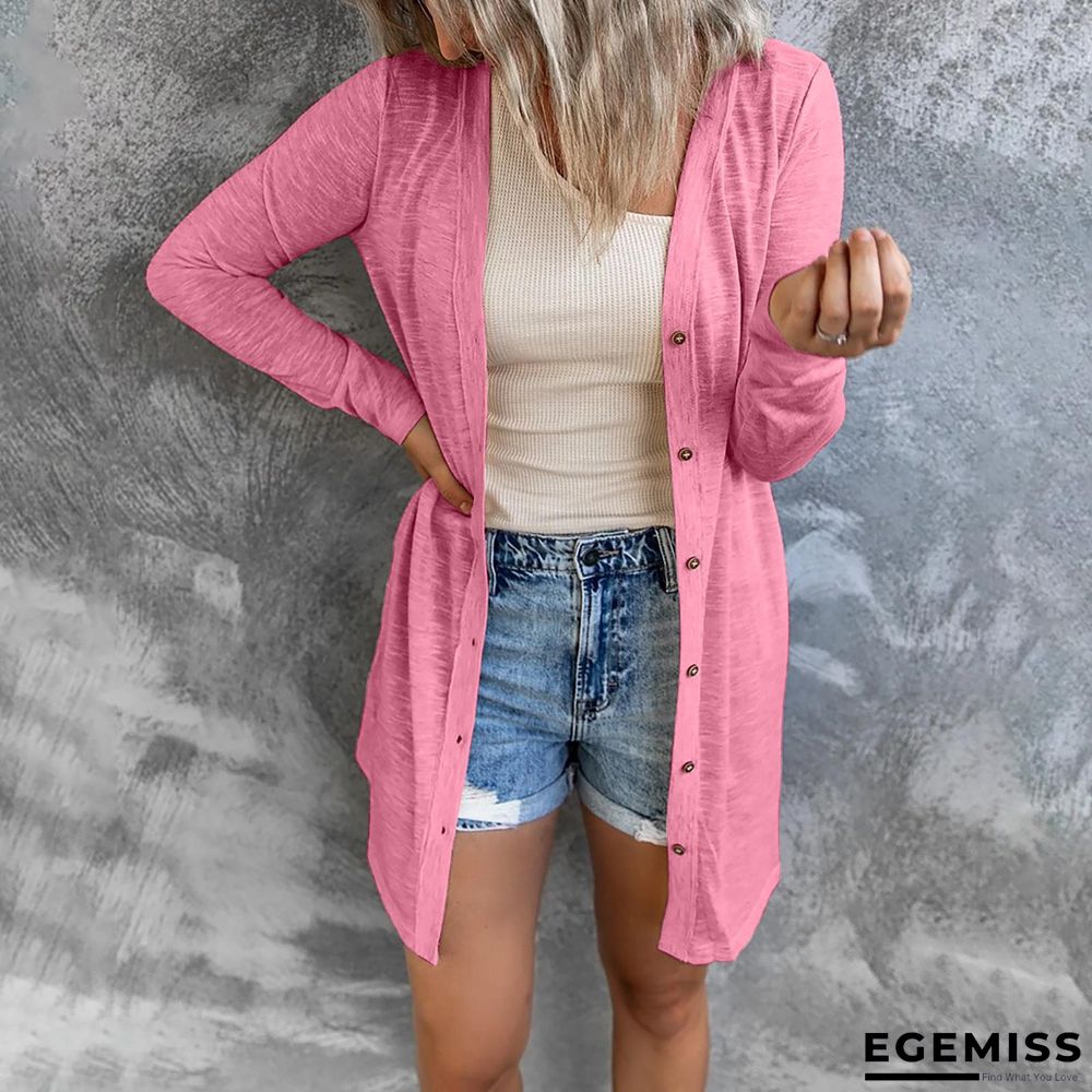 Long Button Solid Color Casual Long Sleeved Cardigan for Women | EGEMISS