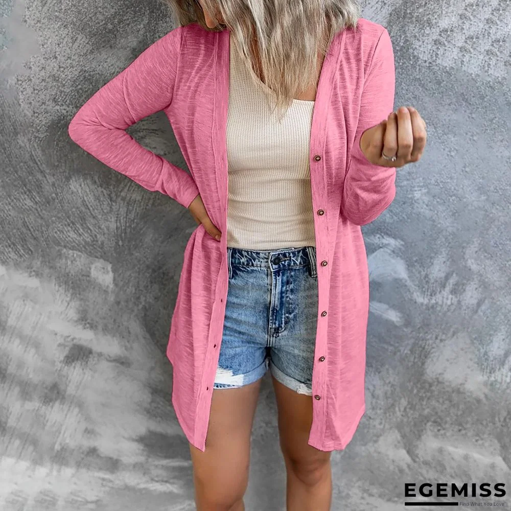 Long Button Solid Color Casual Long Sleeved Cardigan for Women | EGEMISS