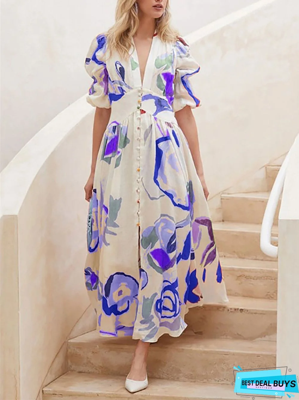 V-Neck Elegant Slim Print Dress