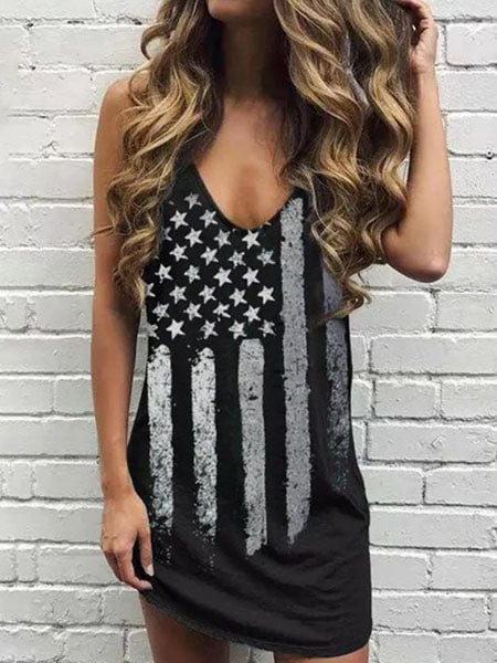 American Flag Star Striped Tank Mini Dress - Black