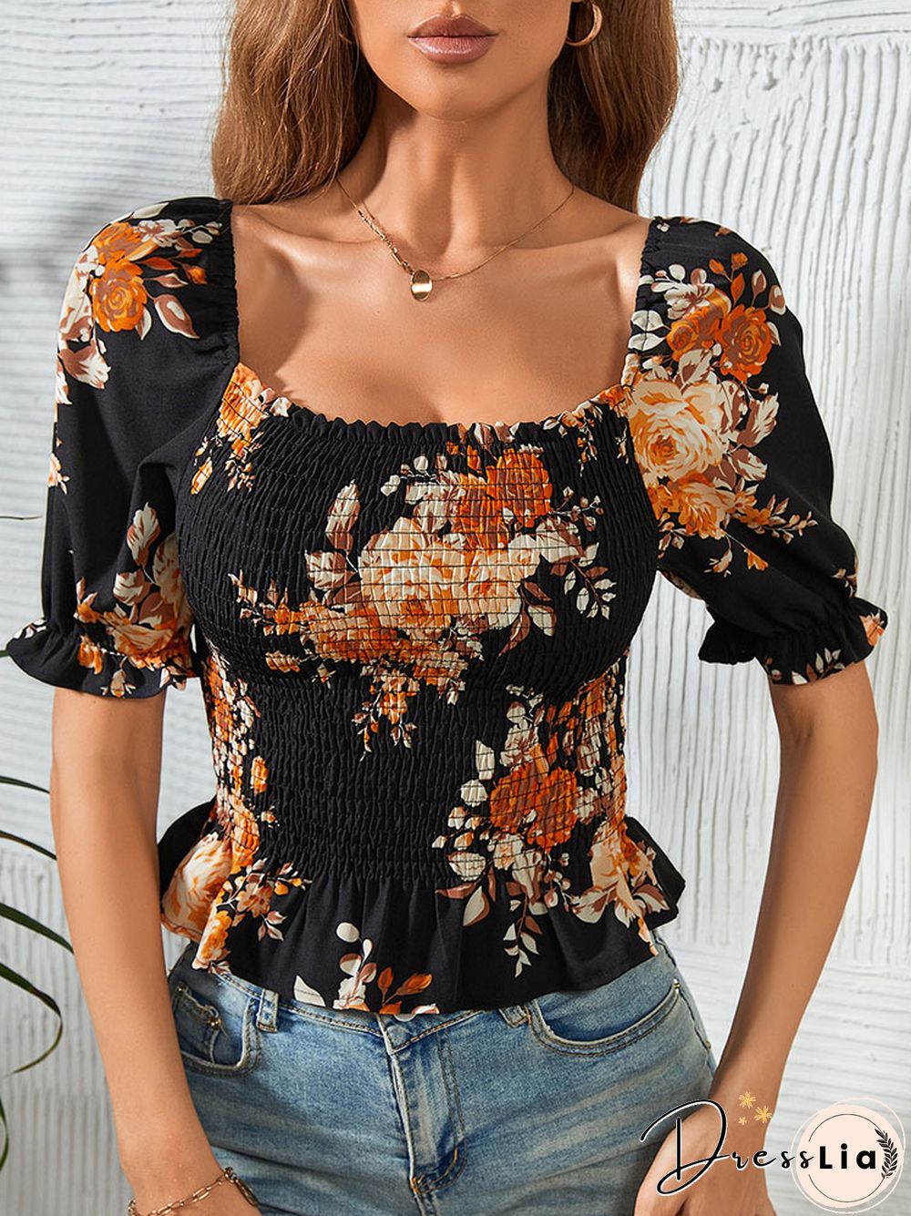 Women's Elegant Bodycon Blouses Top Summer Casual Print Square Neck Gathered Short Sleeve Floral Short Shirts Women Blouses