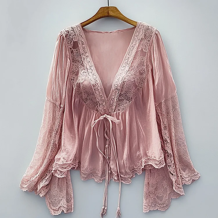 Ursime Deep V Neck Lace Patchwork Flare Sleeve Blouse