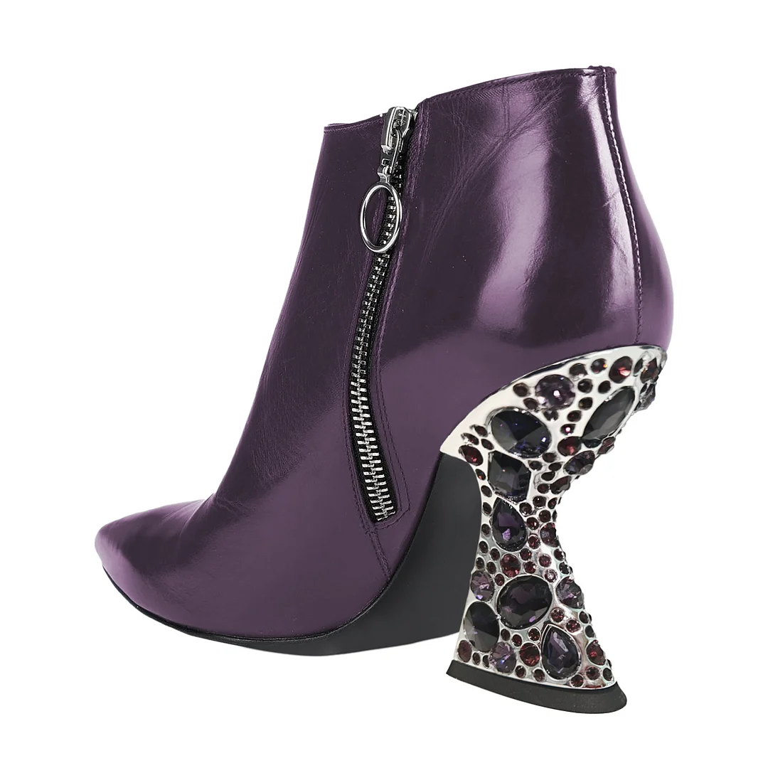 Shiny Purple Vegan Leather Side-Zip Decorative Heel Ankle Boots