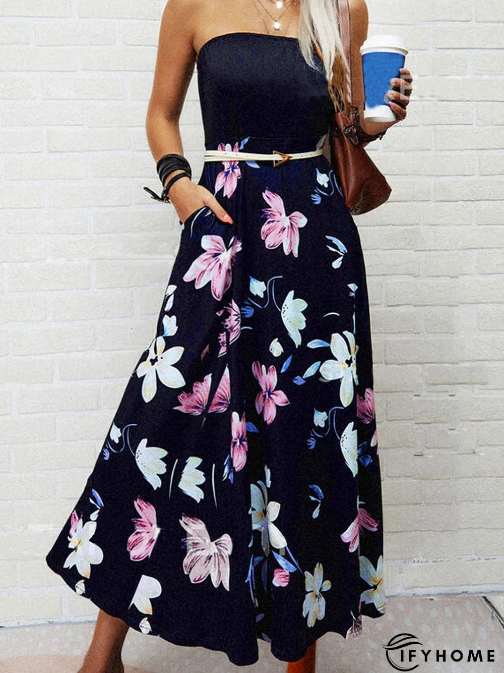 Casual Floral Strapless Sleeveless Printed Dress | IFYHOME
