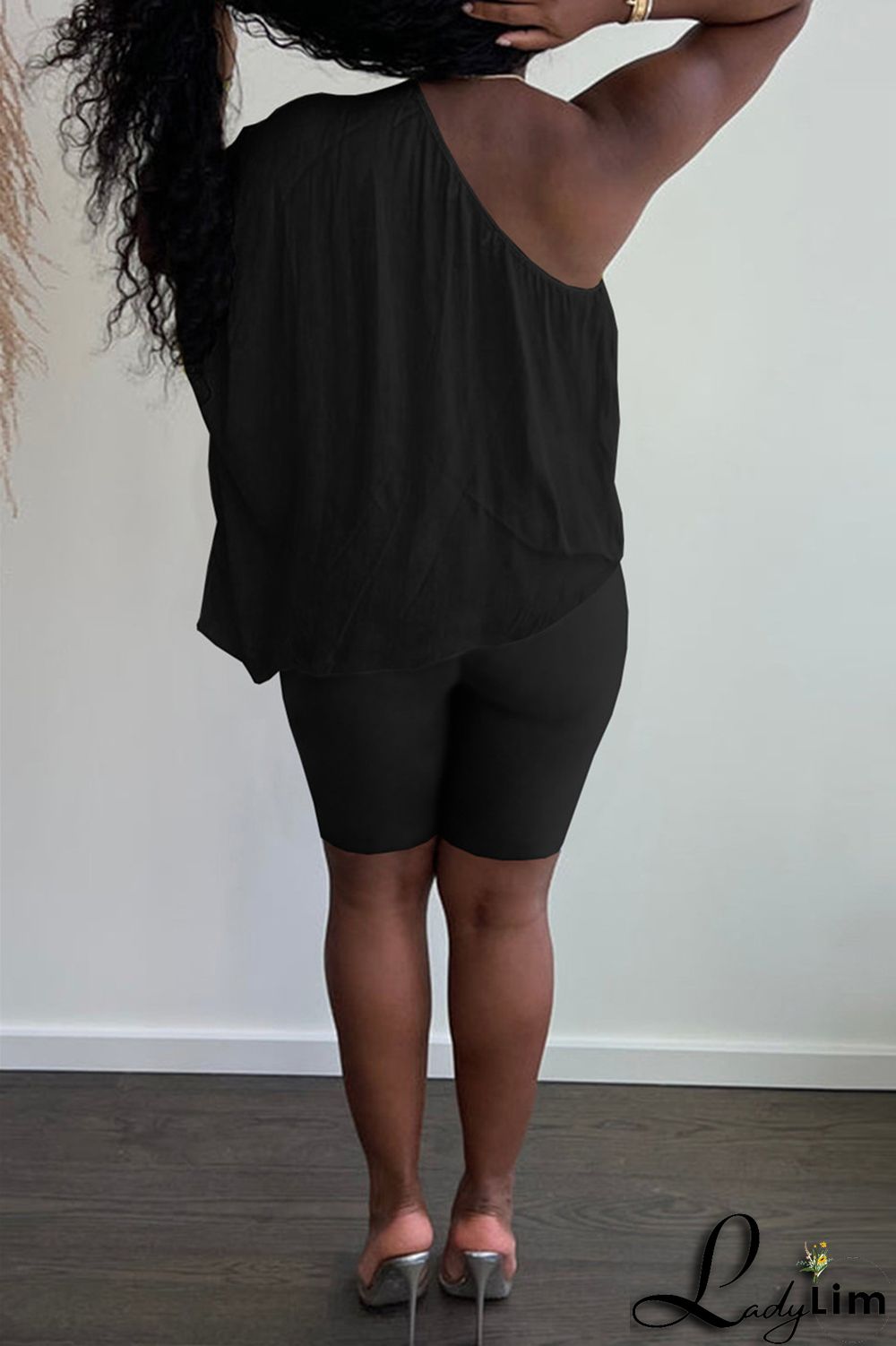 Black Fashion Casual Print Backless Oblique Collar Short Sleeve Two Pieces