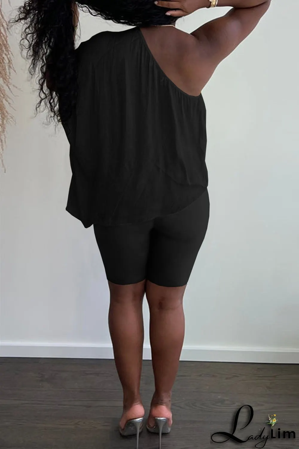 Black Fashion Casual Print Backless Oblique Collar Short Sleeve Two Pieces
