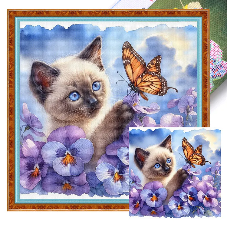 【Huacan Brand】Pansy Siamese Cat 40*40cm 11CT Stamped Canvas Cross Stitch gbfke