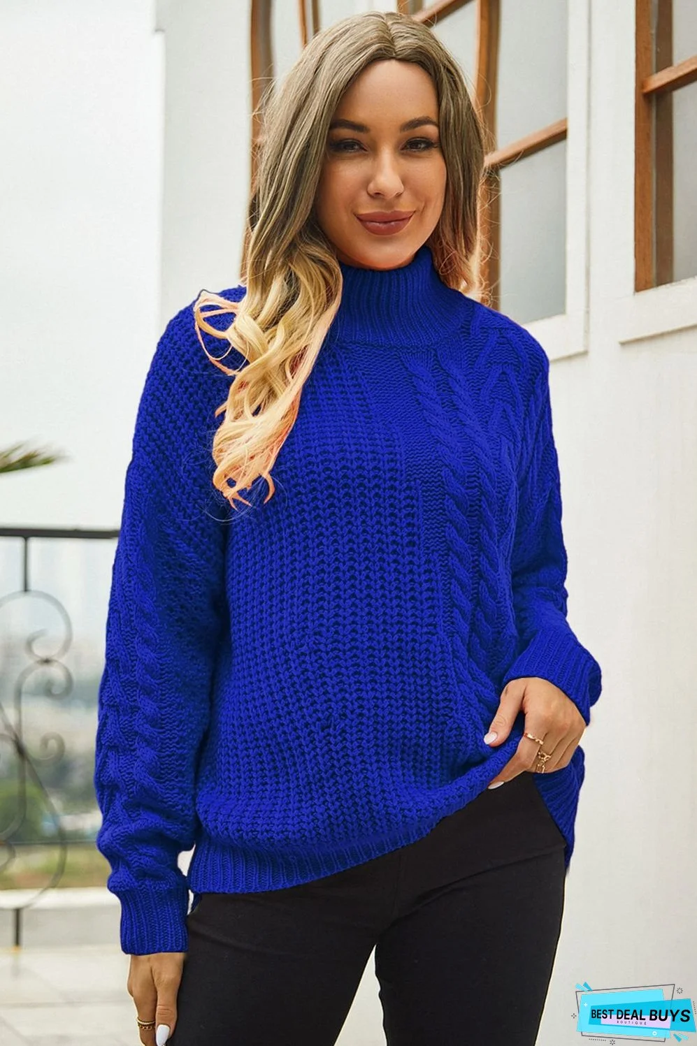 Cable-Knit Turtle Neck Long Sleeve Sweater