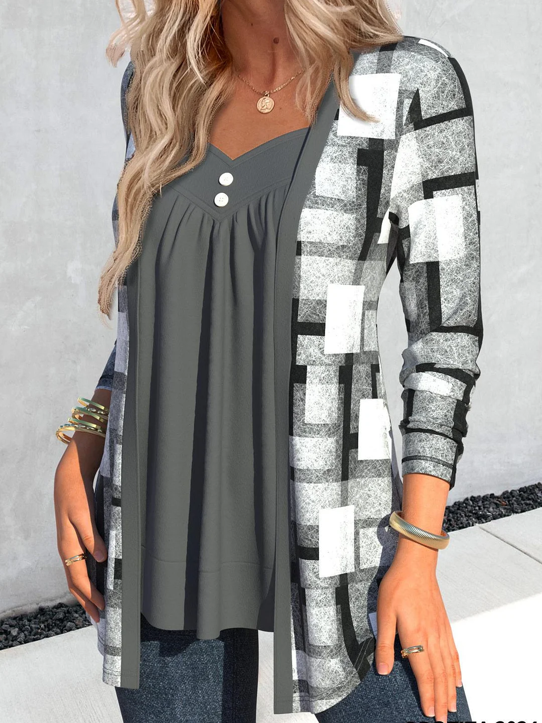 Women Long Sleeve V-neck Plaid Printed Graphic Button Fake 2in1 Tops