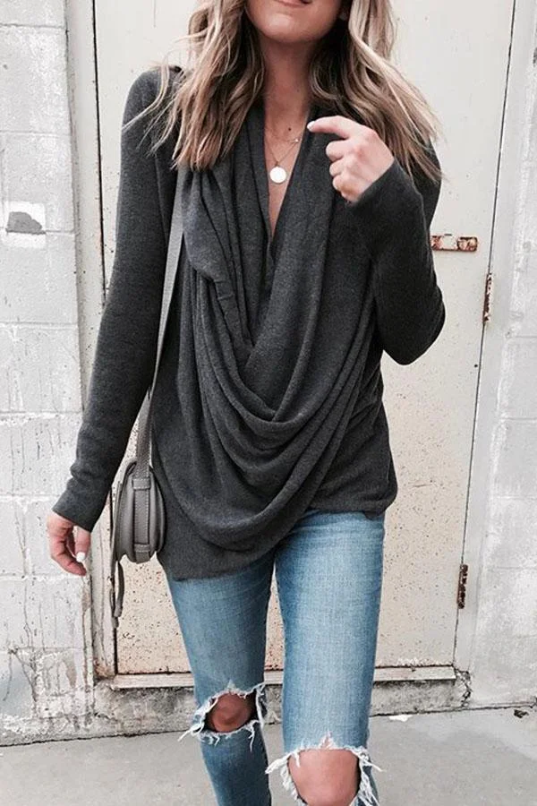 Cowl Neck Asymmetric Hem Pleated Bodice T-Shirts