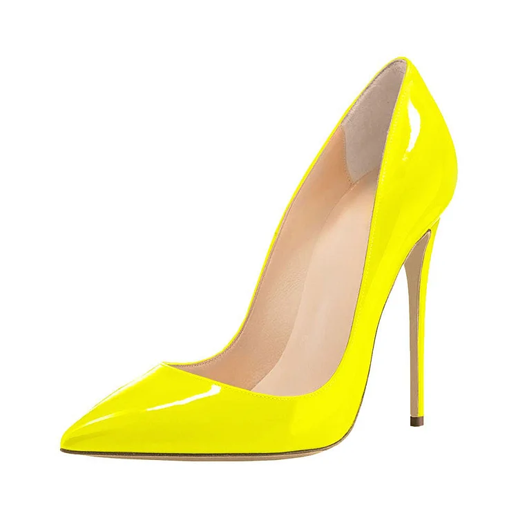 Bright Yellow Patent Leather Closed Pointed Toe Stiletto Pumps Heels |FSJ Shoes
