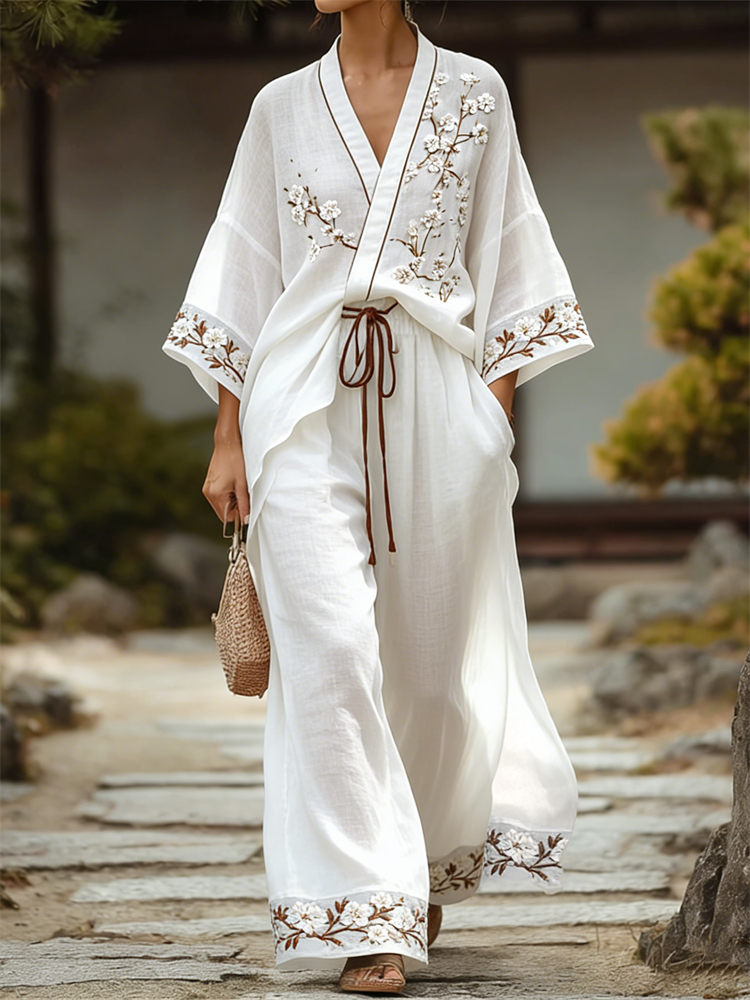 Classy White Almond Blossom Kimono & Pants Linen Set wearshes