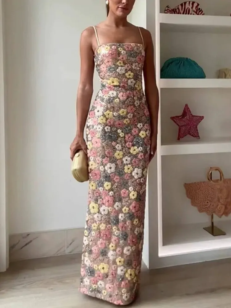 Retro Inspired Floral Print Sequin Square Neck Slip Stretch Maxi Dress