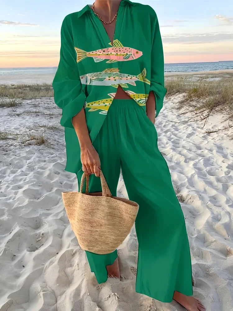 3d Printed Green Fish Elegant European And American Comfortable Beach Vacation Long Sleeved Shirt And Pants Set Women's Clothing