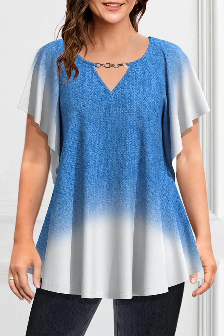 Flycurvy Plus Size Casual Blue Cut Out Decorative Chain Ombre Ruffle Sleeve Blouse  Flycurvy [product_label]