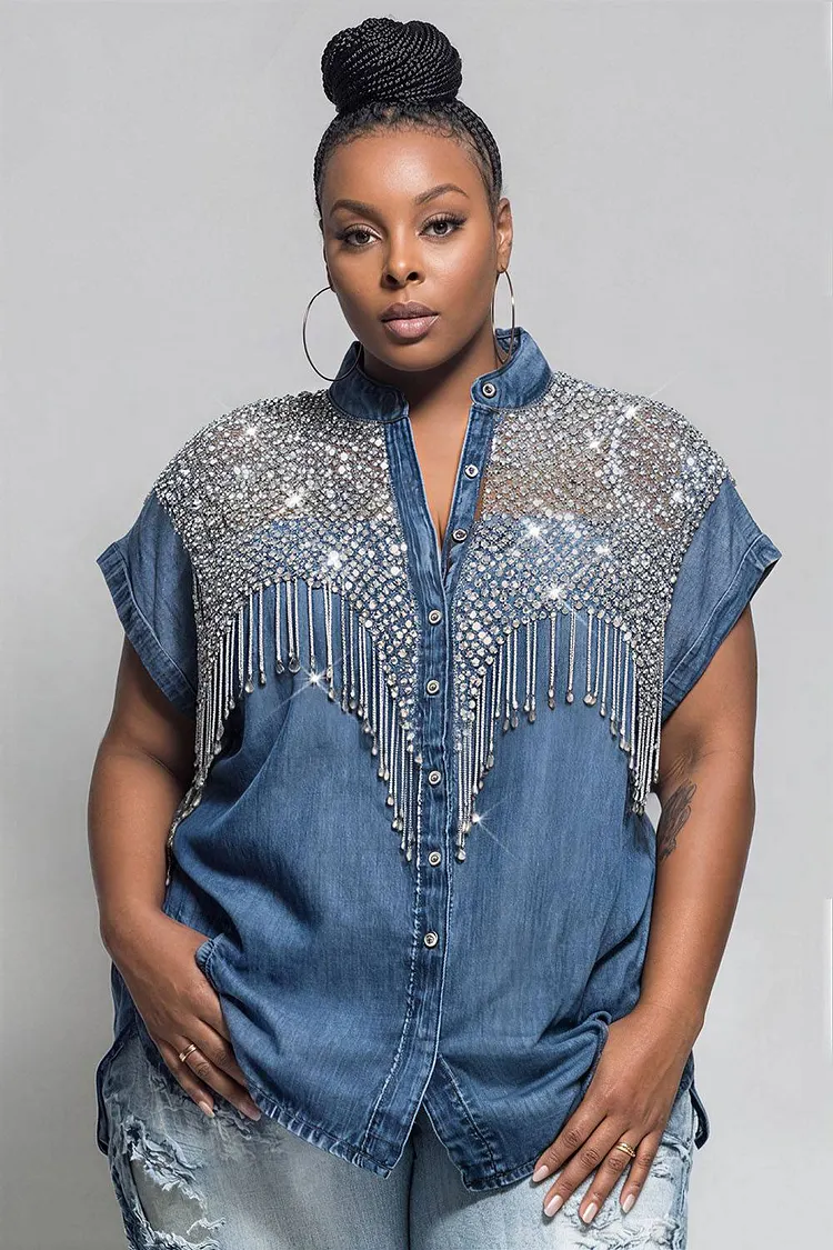 Xpluswear Design Plus Size Business Casual Sequin Blue Shirt Collar Short Sleeve Strappy See Through Tencel Denim Blouses [Pre-Order] 2024 - Xpluswear