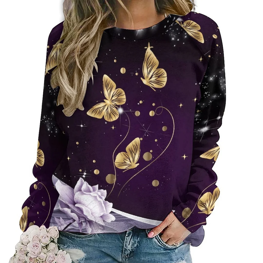 Printed Long Sleeve Casual Sweatshirt for  Women and Men Unisex Pattern Butterfly, Black, Golden