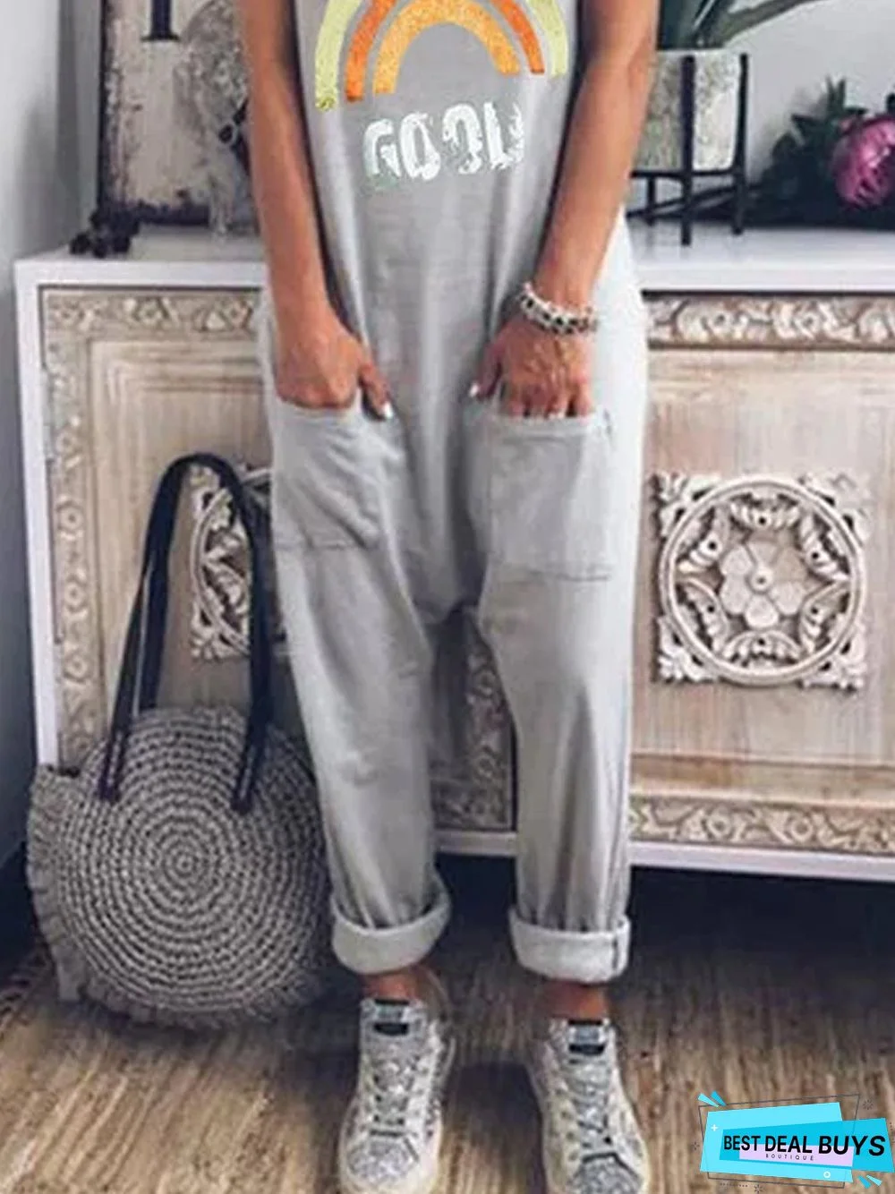 Light Gray Cotton Sleeveless Casual Jumpsuit & Romper