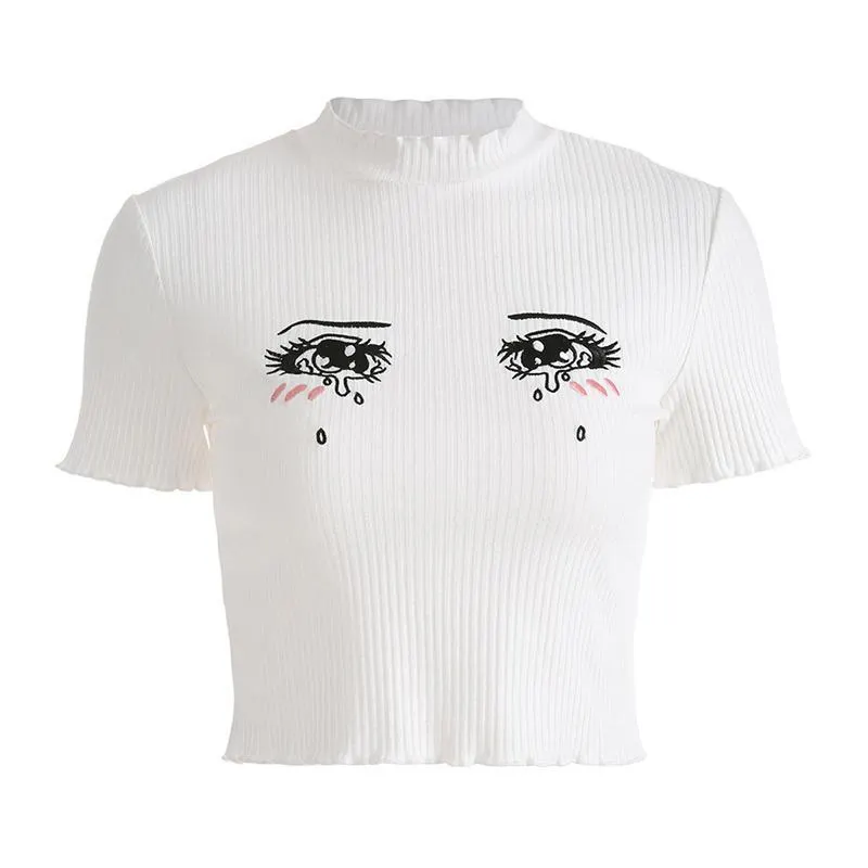 Cartoon Eyes Embroidery Ruffle Crop Top Fit T-Shirt