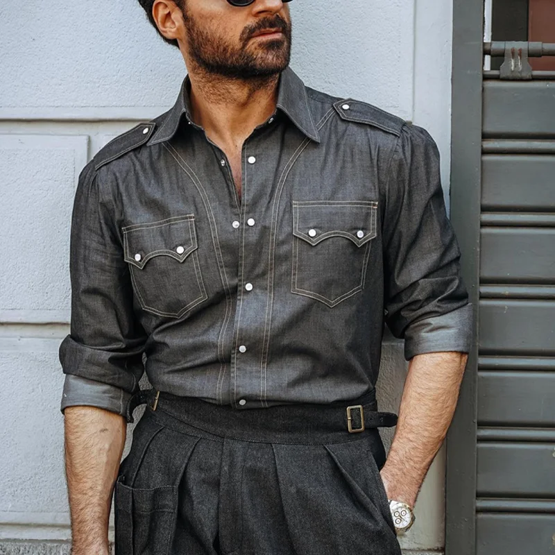 American Retro Casual Long Sleeve Western Denim Shirt