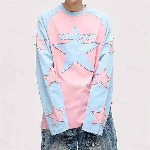 Wongn Star Embroidered Long Sleeve T-shirt Y2K Set Women's Contrast Patch Long Sleeve College Casual Long Sleeve Men's Top