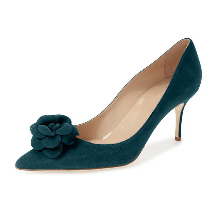 Teal Suede Shoes Pointy Toe Stiletto Heel Pumps with Flower |FSJ Shoes