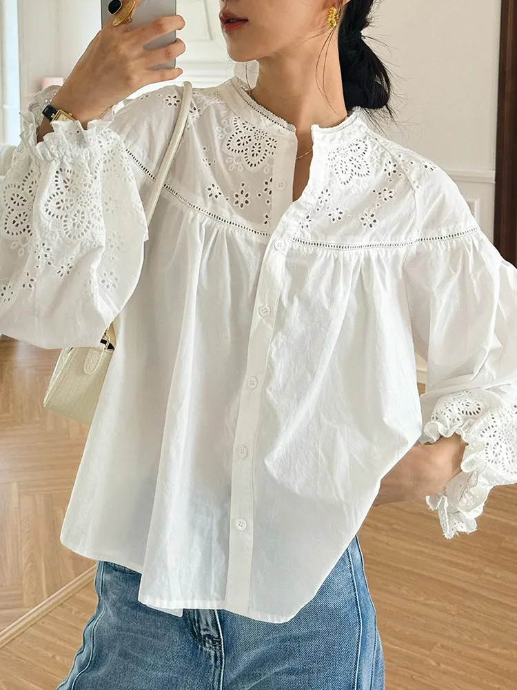 Uveng Uveng 2025 New Style French Embroidered White Shirt Female Long Sleeve Temperament Commuting Southern Oil Women Shirt Women