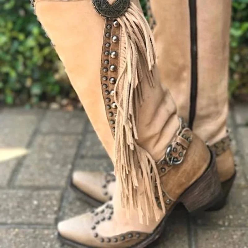 Women Vintage Tassel Western Boots with Zipper